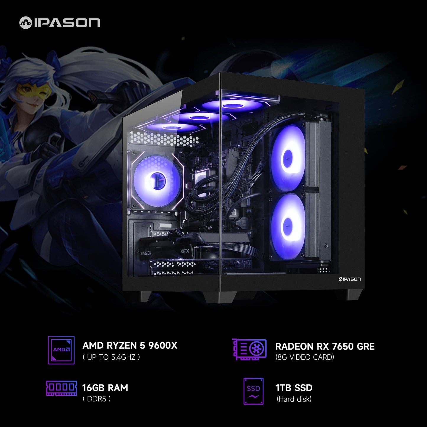 Gaming PC - AMD Ryzen 5 9600X, Radeon RX 7650 GRE, 16GB DDR5, 1TB Nvme SSD, 650W Gold PSU, Wi-Fi, Liquid Cooling, ARGB Fans, Windows 11 Home (Prebuilt Desktop)New