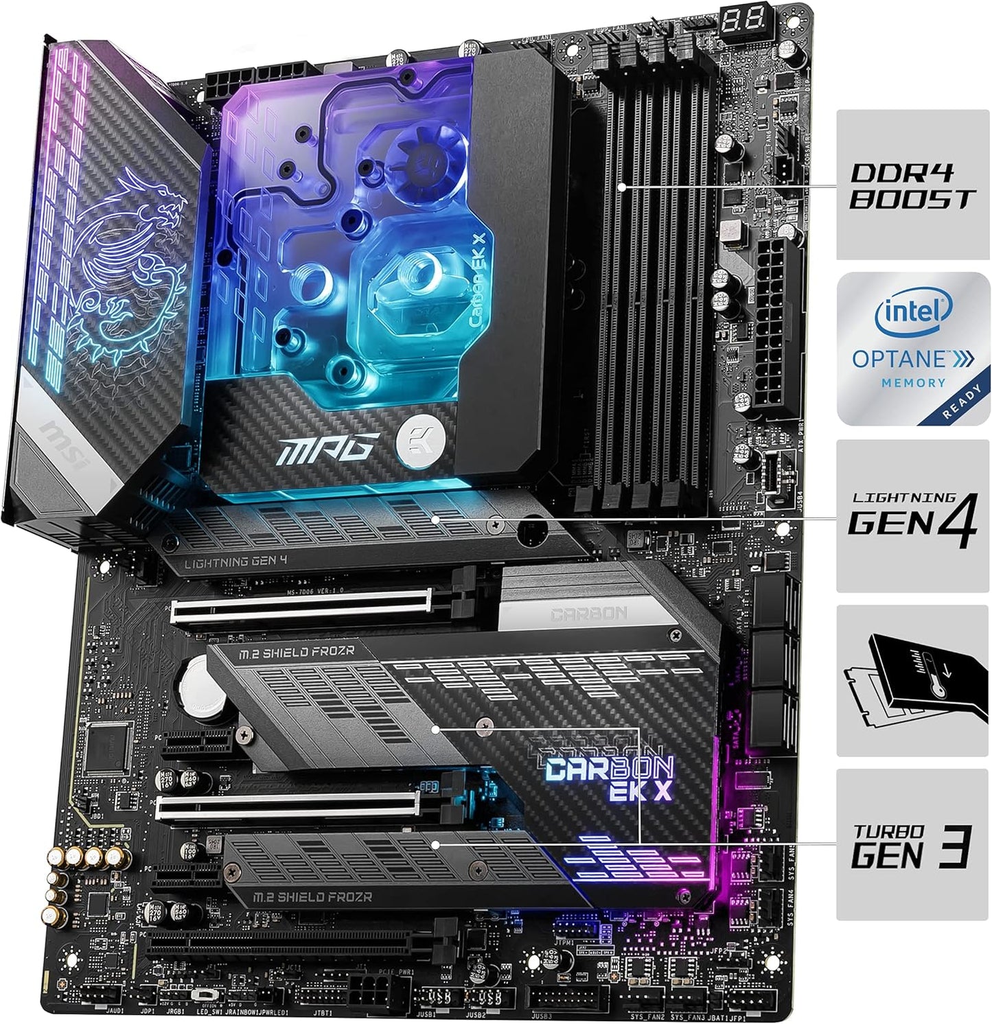 MPG Z590 CARBON EK X Gaming Motherboard (ATX, 11Th/10Th Gen Intel Core, LGA 1200 Socket, SLI/CFX, DDR4, Pcie 4, M.2 Slots, USB 3.2 Gen 2, Wi-Fi 6E, Mystic Light RGB)