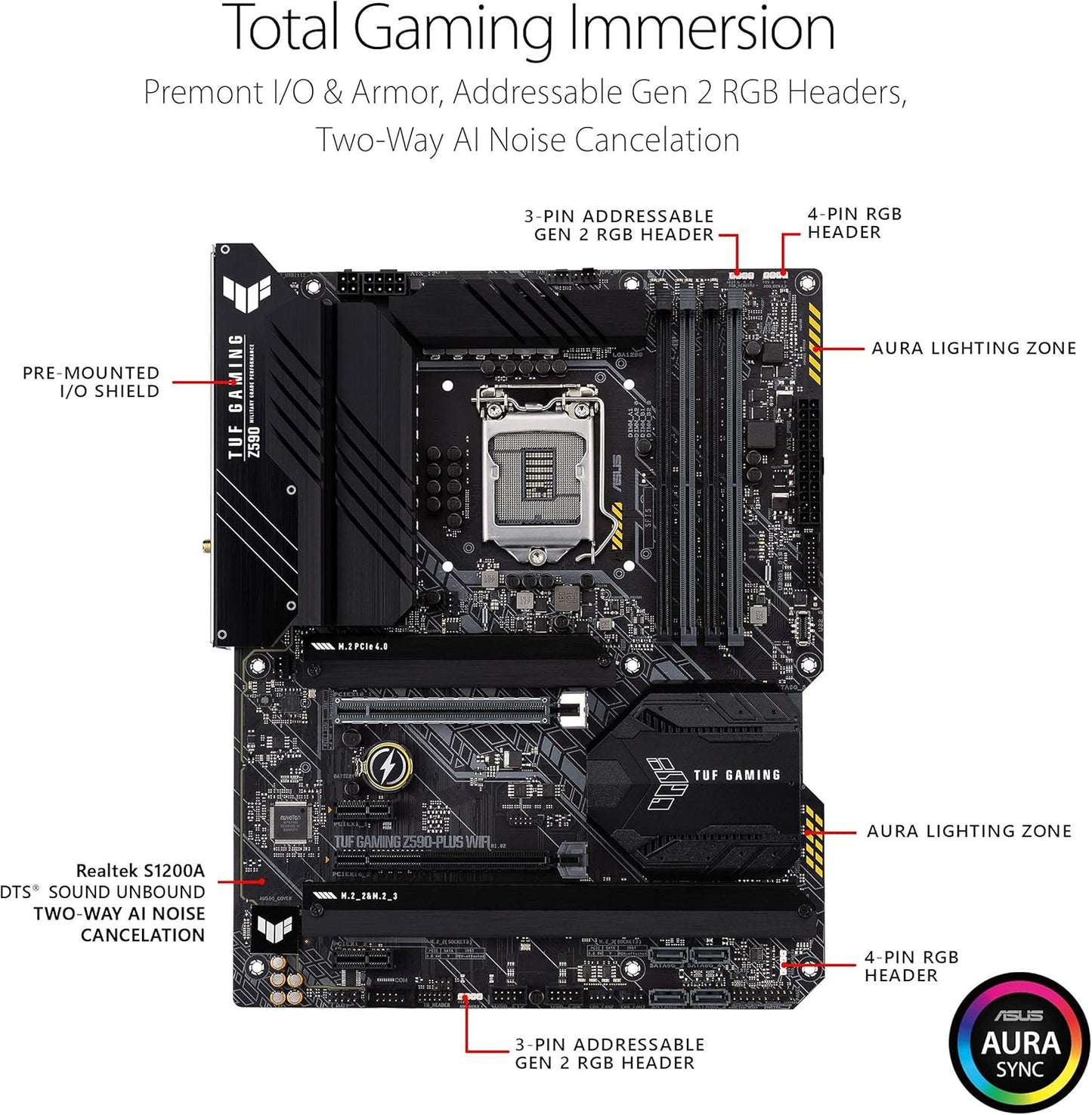 TUF Gaming Z590-Plus Wifi 6 LGA 1200 (Intel 11Th/10Th Gen) ATX Gaming Motherboard (Pcie 4.0, 3Xm.2/Nvme SSD, 14+2 Power Stages, USB 3.2 Front Panel Type-C,2.5Gb LAN, Thunderbolt 4, Aura RGB)