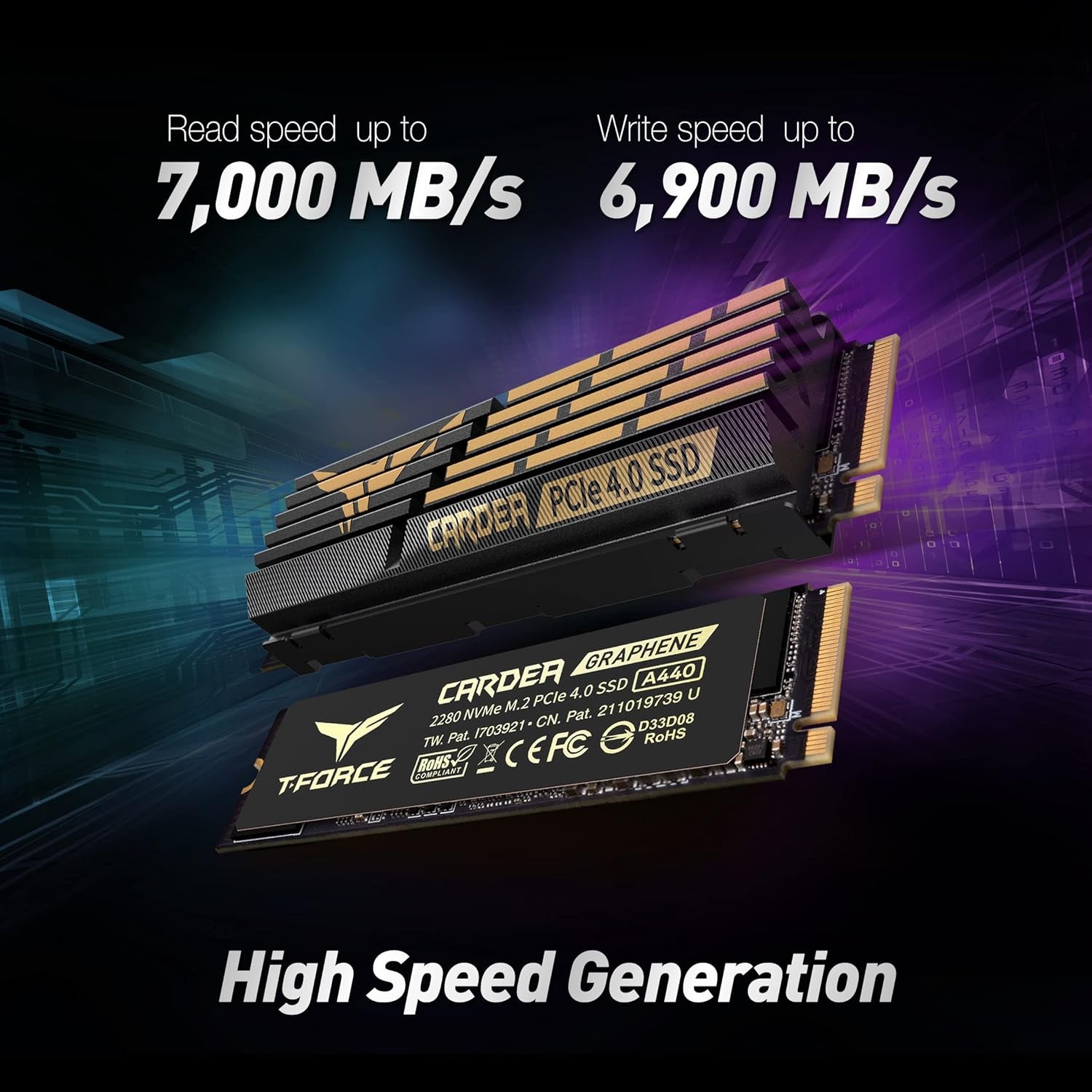 T-FORCE A440 Aluminum Heatsink 2TB DRAM SLC Cache 3D NAND TLC Nvme Pcie Gen4X4 M.2 2280 Internal SSD R/W 7000/6900 Mb/S TM8FPZ002T0C327
