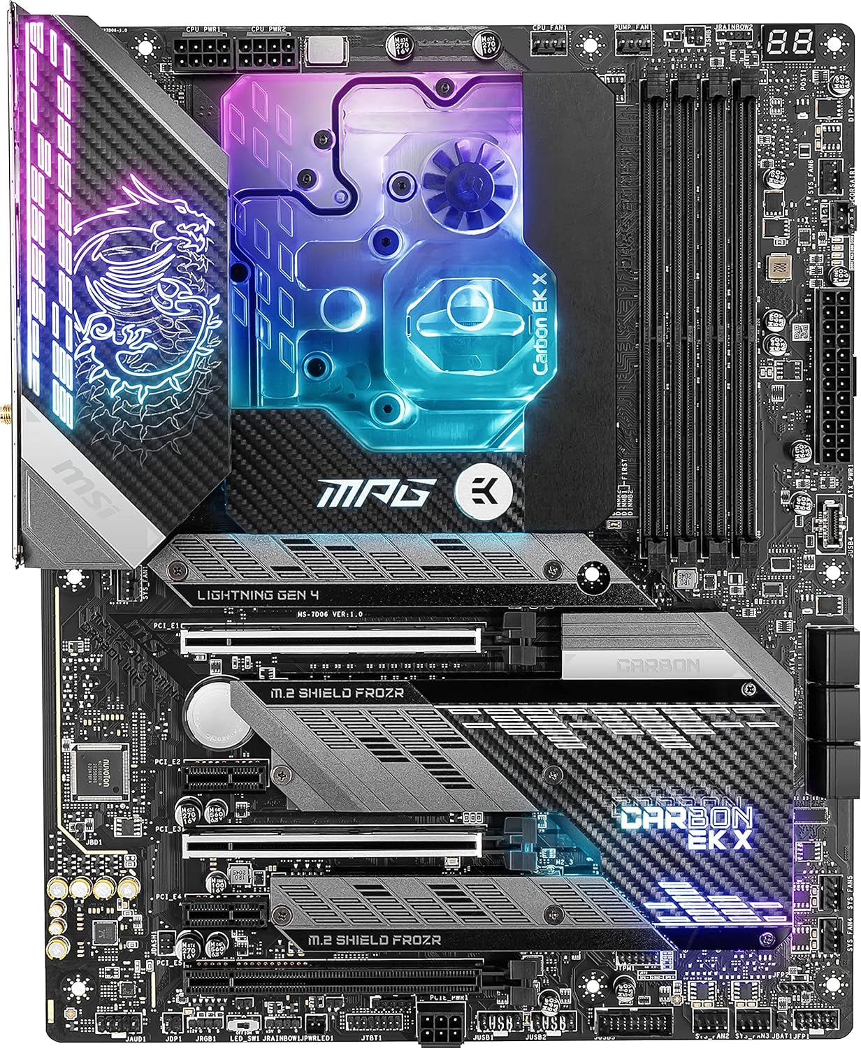 MPG Z590 CARBON EK X Gaming Motherboard (ATX, 11Th/10Th Gen Intel Core, LGA 1200 Socket, SLI/CFX, DDR4, Pcie 4, M.2 Slots, USB 3.2 Gen 2, Wi-Fi 6E, Mystic Light RGB)