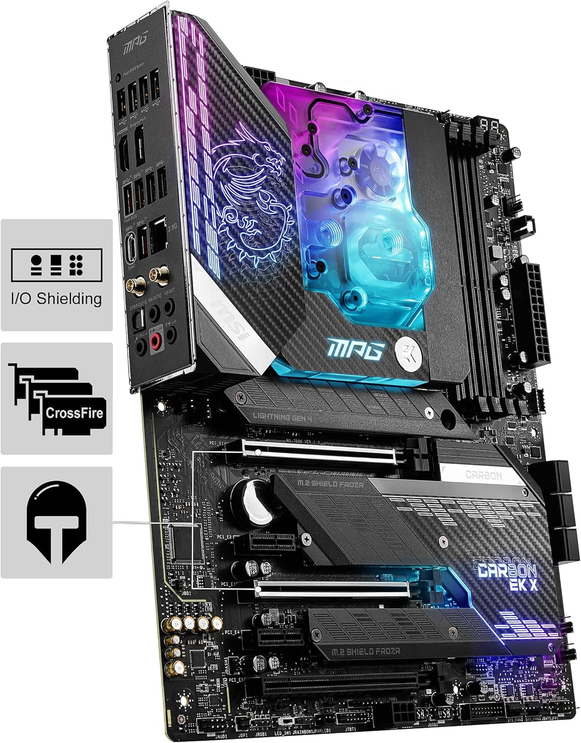 MPG Z590 CARBON EK X Gaming Motherboard (ATX, 11Th/10Th Gen Intel Core, LGA 1200 Socket, SLI/CFX, DDR4, Pcie 4, M.2 Slots, USB 3.2 Gen 2, Wi-Fi 6E, Mystic Light RGB)