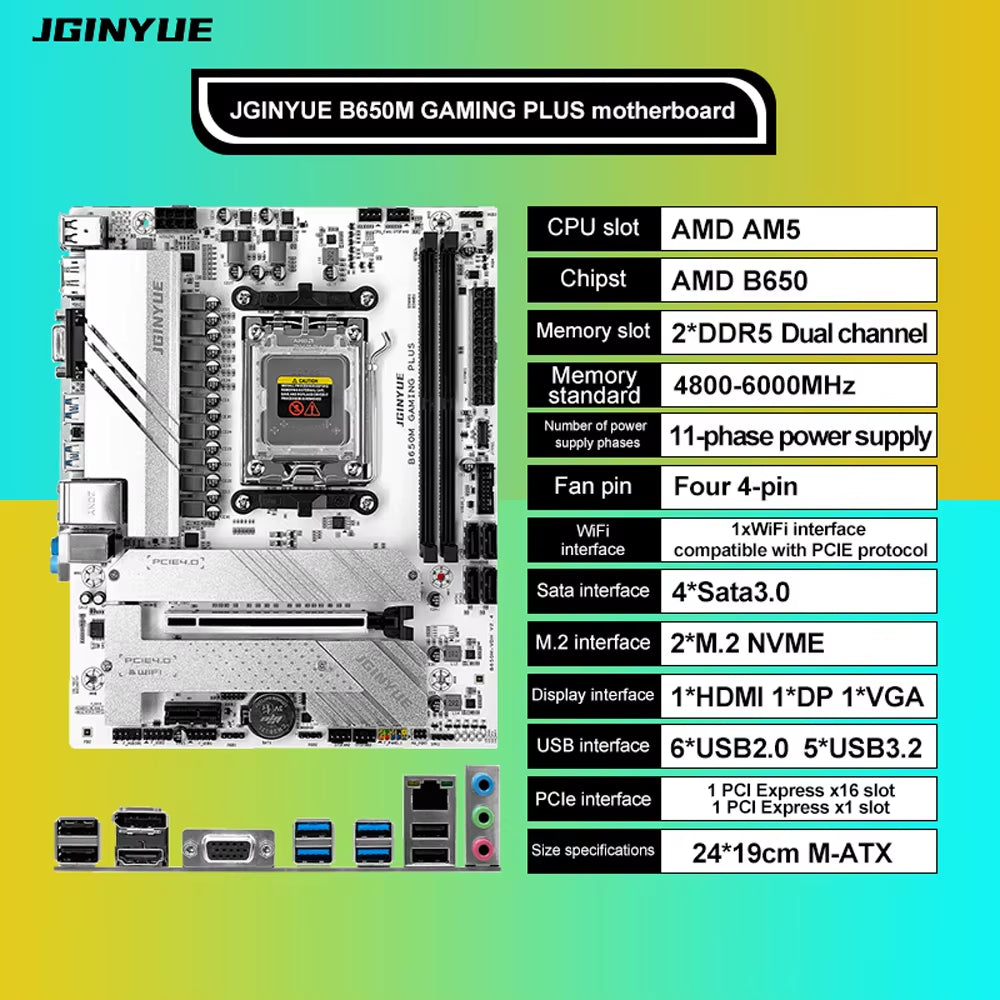 JGINYUE B650 Gaming Motherboard with DDR5 Support for AMD R7000, 8000, and 9000 Series - Socket AM5 B650M GAMING PLUS