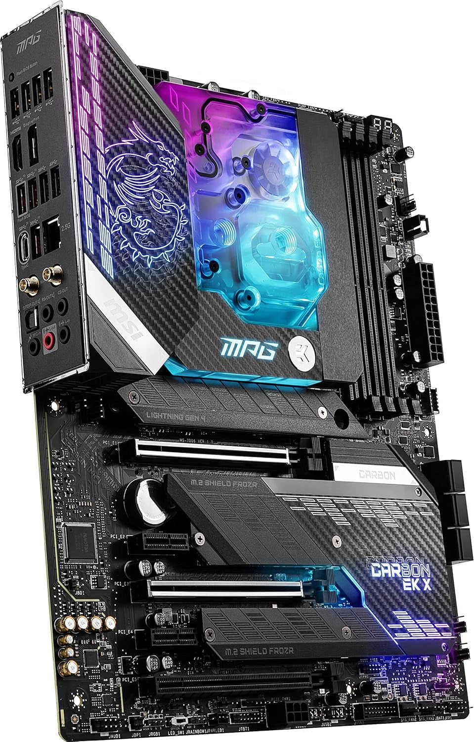 MPG Z590 CARBON EK X Gaming Motherboard (ATX, 11Th/10Th Gen Intel Core, LGA 1200 Socket, SLI/CFX, DDR4, Pcie 4, M.2 Slots, USB 3.2 Gen 2, Wi-Fi 6E, Mystic Light RGB)
