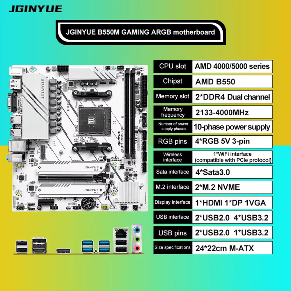 JGINYUE B550M Gaming Micro ATX Motherboard with DDR4 ARGB Support for AMD AM4 Processors and SATA 6Gb/s Connectivity